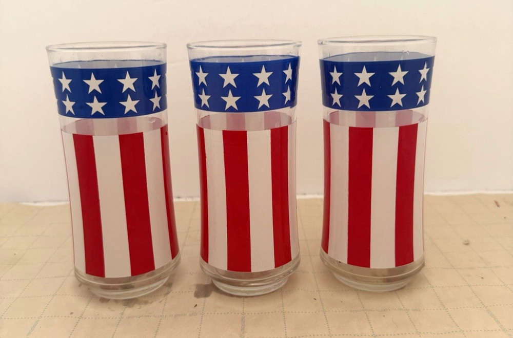 Set of 3 Libbey American Flag Stars Stripes Tumbler Glasses Red White Blue USA