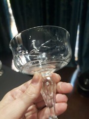 (4) Champagne Sherbet Glasses, facet bubble stem cut glass Floral «Rock Crystal»