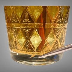 Set Of 2 Gold With Gold/Green Glass Cocktail Low Ball Dbl Rocks Glasses MCM Vtg