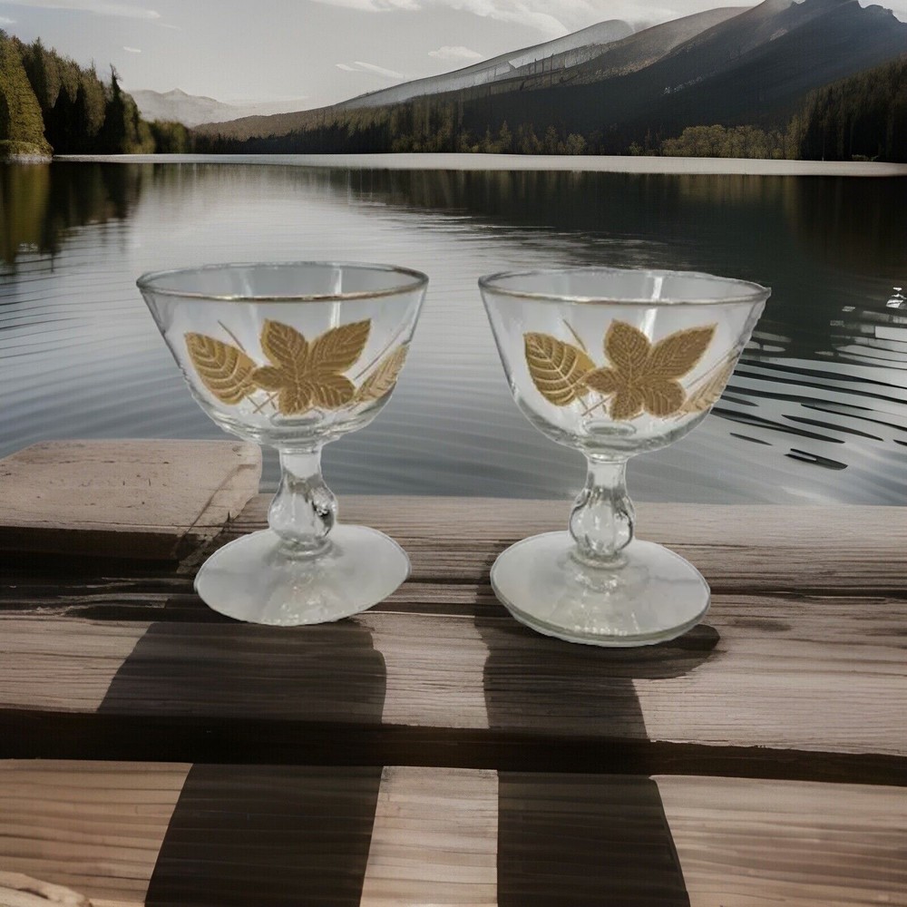 Set of 2 Vintage Libbey Gold Leaf Patterned Champagne Coupe Glasses No Damage