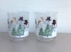5 Libbey SNOWMAN WITH PINE TREES Winter or Christmas Lowball Old Fashioned Glass