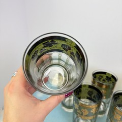 VTG Cera Tumblers Gold Grapes Green Pillars High Ball Glass 12 oz 22K? MCM Set 6