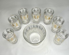 MCM Gold Grecian Goddess Design Glass Ice Bucket & 7 Highball Glasses Aldon
