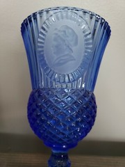3 Piece Vintage Avon Fostoria Blue Glass Washington Goblets & Pitcher Set & Box