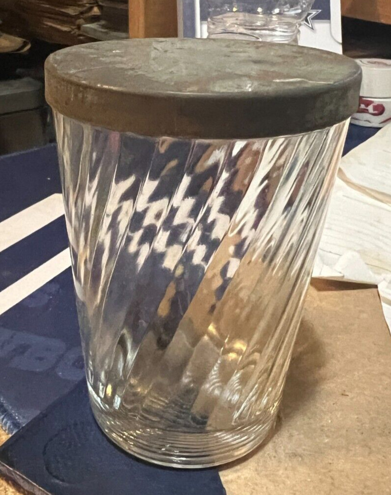 ANTIQUE CHILD’S—4″ SWIRL GLASS WITH METAL LID