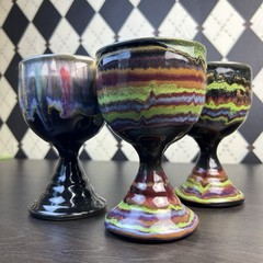 Signed D. Lesser Studio Pottery Goblets, Stoneware Set of 3, 6 Inches Tie & Dye