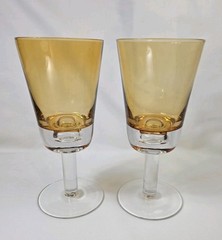 Winterthur Jewel Tone Amber Water Goblet Glass 8 1/4” Bubble In Stem Set Of 2