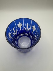 Unmarked Etched Cobalt Blue Cut Glass Starburst Shot Glass Votive Candle Holder