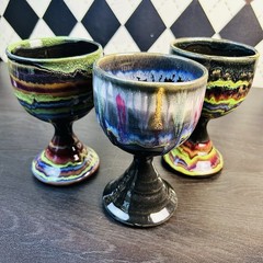 Signed D. Lesser Studio Pottery Goblets, Stoneware Set of 3, 6 Inches Tie & Dye