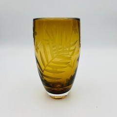 Vintage Handblown Amber Czech Tumbler Drinking Glass Etched with Leaves Flowers