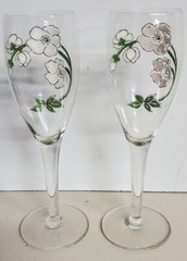 Vintage Pair Perrier Jouet Hand Painted Floral Champagne Glass Flutes Beautiful