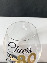 Elegant Cheers to 80 Years Wine Glass Goblet Clear w/ Black and Gold Lettering
