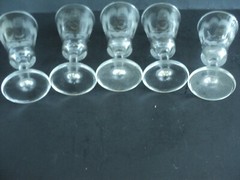 5 Vtg. Etched Sherry Cordial Shot Liquor Glasses- THUMBPRINT & SUNBURST DESIGN