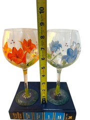 Vtg Hand Painted Coordinating Floral Wine Glasses Goblets Set Of 2