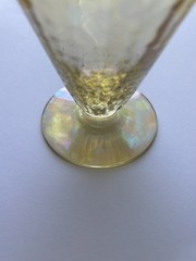 4 Vintage Parfait Glasses Yellow/Gold Iridescent Swirl, footed, some tiny chips