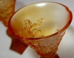 Liuligongfang Art Glass, Amber Ball Stem Square Base Glass 5 7/8″ Set of 2 CHIPS