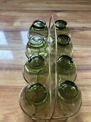 Vintage Matching Green Glass Tumblers With Carrier/caddy Set Of 8 Cups Glasses