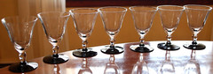 Vtg Set 7 WESTON Liquor Cocktail Glasses BLACK FOOT CLEAR OPTIC PANEL BOWL 3.75″
