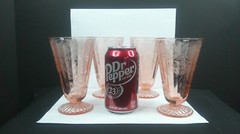 Jeannette Glass, Floral aka Poinsett, Pink, Tumblers, 4-Footed, c 1931-35, ExCd
