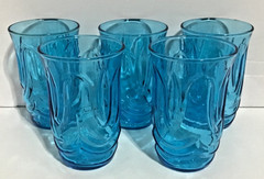 Vtg Set of 5 Anchor Hocking Colonial Tulip Laser Aqua Blue Juice Tumblers 6 oz