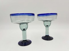 2 Mexican Hand Blown Margarita Glasses Blue Rim Cobalt Cocktail Glassware Bar