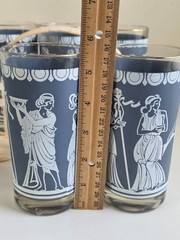 MCM Jeanette Jasperware-style Set Of 6 Blue Greek Hellenic Tumblers Carrier