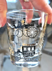 Libbey Juice GLASSES Set of 4 -6 oz Black Gold Buggy Cars Drinking-Vintage