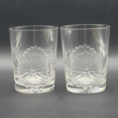 Vintage Crystal Old Fashioned Tumbler Glass Etched Floral 4″ Tall (2)