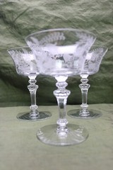 Fuchsia Tiffin Etched 3 Champagne Tall Sherbet Glasses 5 3/8 » Optic Clear
