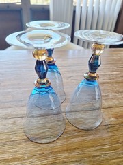 3 Mikasa Estate Slate Blue/ Amber Wine/Water Glasses Handblown Art Deco 7″H EUC