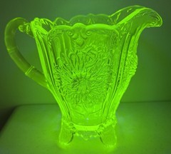 GORGEOUS Glowing glass pitcher by Mosser-DAHLIA PATTERN-8″ PITCHER