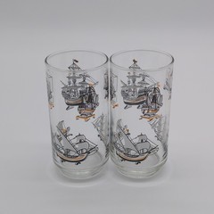 Libbey Tumbler Glasses Set Of 2 VTG Clipper Sailing Ship Mid Century Modern