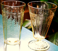 Vtg Set 2 PRINCESS TOPAZ Anchor Hocking DEPRESSION GLASS Flat & Footed Tumblers