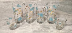 Vintage Federal Atomic Amoeba Boomerang Turquoise Gold Glasses Set of 6