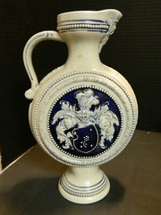 Vintage Simon Peter Gerz Blue On Gray Stoneware Pitcher Ewer w/ Knights Crest Ex