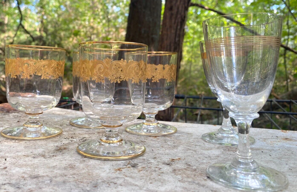 6 Vintage Stemware GLASSES Gilt Etched Wine Cocktail Liqueur Cordial/2 Designs