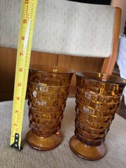 Vintage Set of 2 Indiana Glass Whitehall Cubist 6″ Tall Footed Glasses Amber