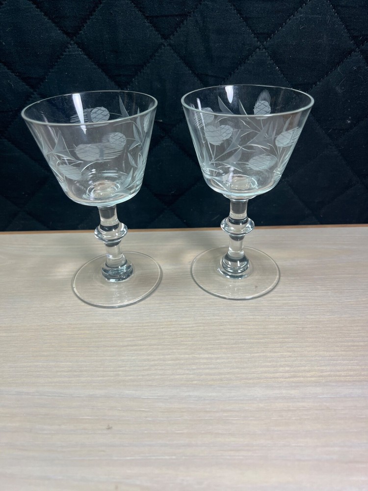 4 Arcadia Colonial Thistle Etch Champagne Sherbet Glasses 4 7/8″