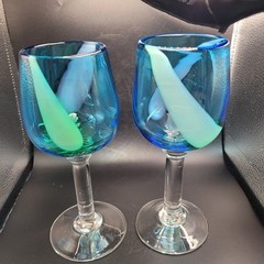 2 Hand Blown Art Glass Blue W/Swirling Pattern Wine Goblets 8 in Tall 3 in Wide