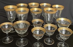 Tiffin-Franciscan clear optic crystal with a gold-encrusted band rim. Set