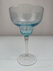 Vintage Hand-Blown Margarita Glass Aqua Blue Bowl Clear Stem Etched Bands