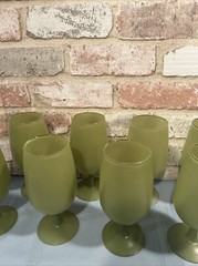 Lot Of 8 Vintage MCM Avocado Green Stemmed Iced Tea Glasses~12 Oz