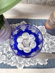 Bohemian Cobalt Blue Cut Crystal Wine Glass Floral Grapes Tall Stemware Decor
