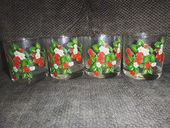 4 Old Fashioned Rocks Drinking Glasses Tumblers Strawberries Blossoms Gold Rim