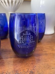 6 Cobalt Blue Etched Design Williamsburg Virginia Short Glasses Governors Palace