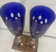 Karl Anton Czech Handcut Crystal Blue Flute Glasses Set of 2 10″x2.5″ w/Stickers