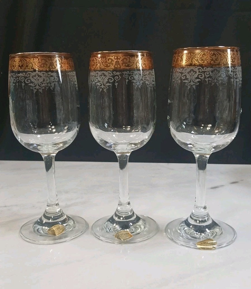 Set of 3 Cellini Crystal Stemware Wine Glasses 24 KT Gold Hand Decorated Italy
