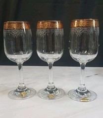 Set of 3 Cellini Crystal Stemware Wine Glasses 24 KT Gold Hand Decorated Italy