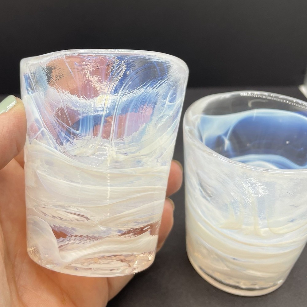 Kosta Boda White Swirl Mine Tumbler Ulrica Hydman-Vallien Art Glass UHV Set Of 2