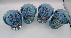 Vintage Windsor button & cane iridescent blue carnival glass Tumbler Juice Glass